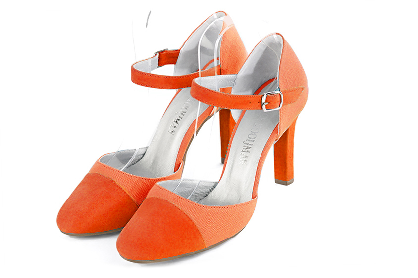 Clementine orange women's open side shoes, with an instep strap. Round toe. Very high slim heel. Front view - Florence KOOIJMAN